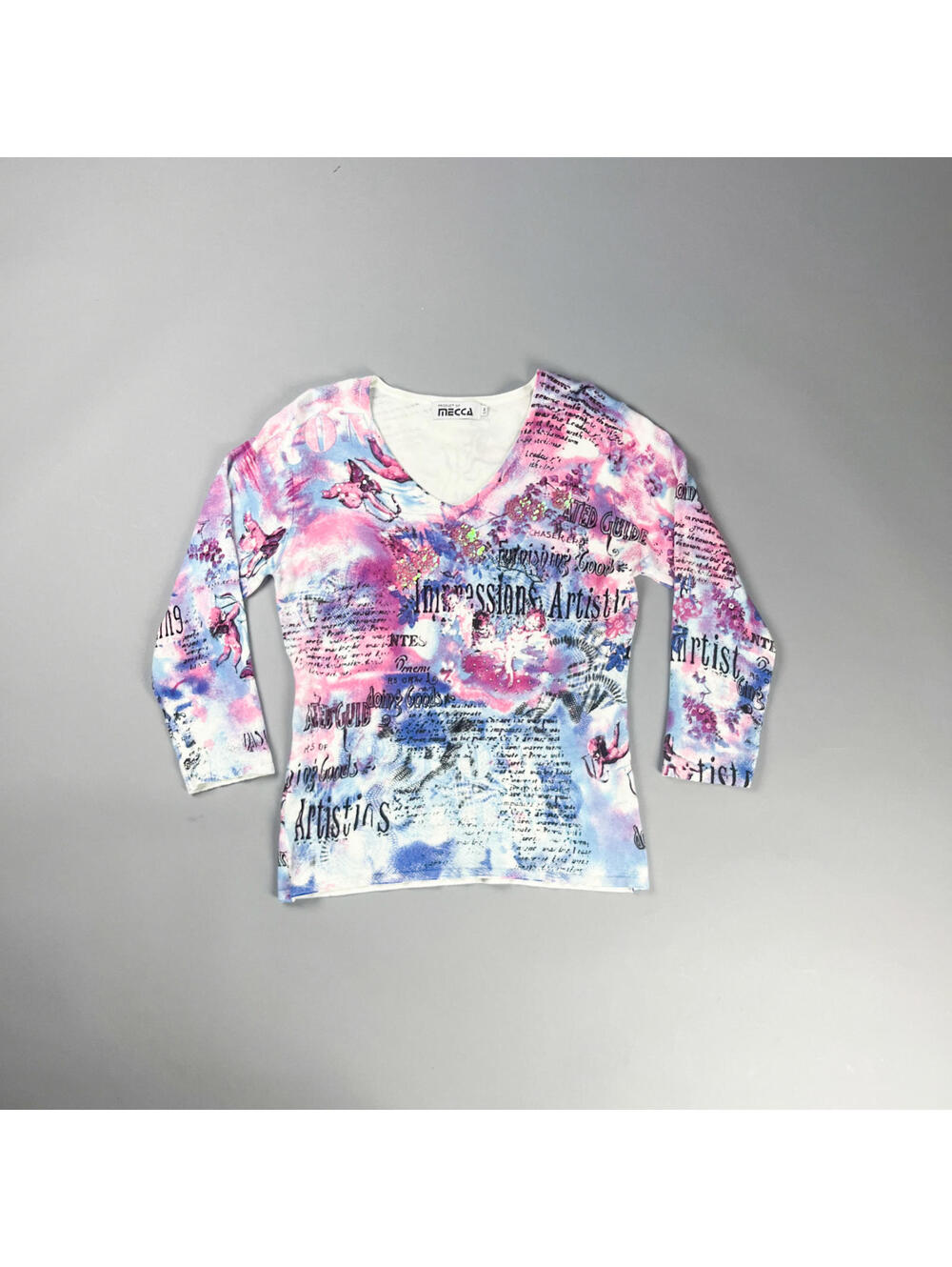 Y2K Women's Top | Long Sleeve V-Neck Top with Pink Blue Artistic Print